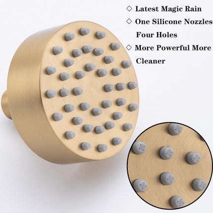 Brushed Gold Shower Head Round Power Shower Head High Pressure Shower Head Gold Fixed Showerhead 3.7” Stainless Steel Rain Shower Head for Luxury Shower Experience Even at Low Water Pressure.