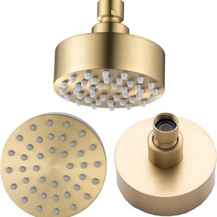Brushed Gold Shower Head Round Power Shower Head High Pressure Shower Head Gold Fixed Showerhead 3.7” Stainless Steel Rain Shower Head for Luxury Shower Experience Even at Low Water Pressure.