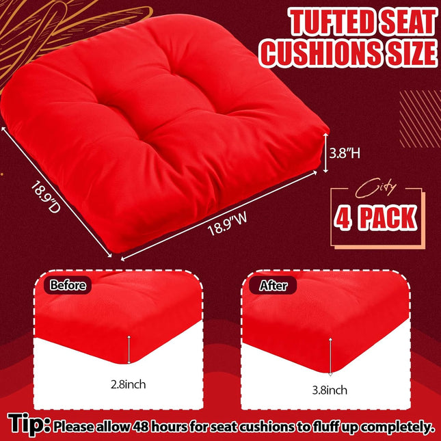 4 Pcs Outdoor Chair Cushions 18.9 x 18.9 Inch Waterproof Sun Protection Patio Furniture Overstuffed Seat Cushion Chair Pad with Round Corner for Indoor(Red).