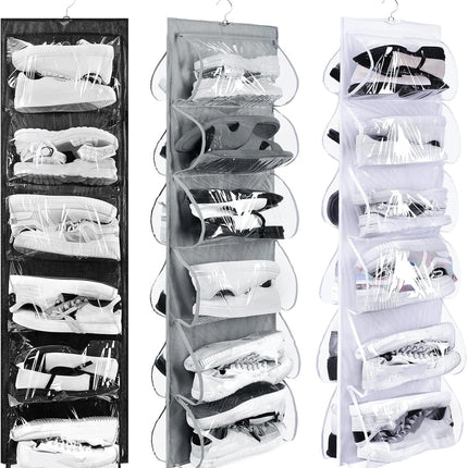 3 Pcs Dual Sided Hanging Shoe Organizer 12 Clear Pockets Mesh Hanging Shoe Rack Holder with Rotating Hanger for Closet Storage Men Women Handbags Kids Clothing, Grey, White and Black.
