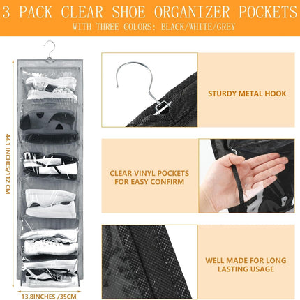 3 Pcs Dual Sided Hanging Shoe Organizer 12 Clear Pockets Mesh Hanging Shoe Rack Holder with Rotating Hanger for Closet Storage Men Women Handbags Kids Clothing, Grey, White and Black.