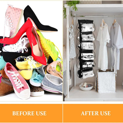 3 Pcs Dual Sided Hanging Shoe Organizer 12 Clear Pockets Mesh Hanging Shoe Rack Holder with Rotating Hanger for Closet Storage Men Women Handbags Kids Clothing, Grey, White and Black.