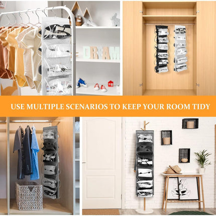 3 Pcs Dual Sided Hanging Shoe Organizer 12 Clear Pockets Mesh Hanging Shoe Rack Holder with Rotating Hanger for Closet Storage Men Women Handbags Kids Clothing, Grey, White and Black.
