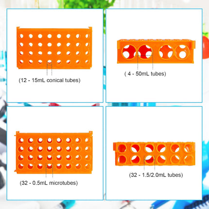 8 Pcs Test Tube Rack 4 Way 0.5ml/ 1.5ml/ 10ml/ 15ml/ 50ml Interlocking Multi PCR Tube Rack Stand Plastic Polypropylene for Centrifuge Lab Scientific Experiments Supplies.