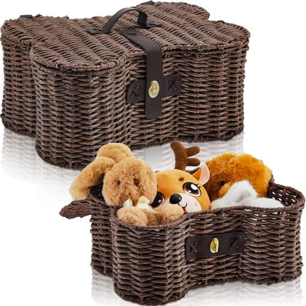 2 Set Large Small Dog Toy Basket with Lid Bone Shaped Basket for Dog Natural Wicker Woven Handmade Pet Puppy Toy Organizer and Storage Box Bin for Cats Brown.
