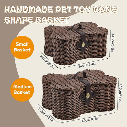 2 Set Large Small Dog Toy Basket with Lid Bone Shaped Basket for Dog Natural Wicker Woven Handmade Pet Puppy Toy Organizer and Storage Box Bin for Cats Brown.