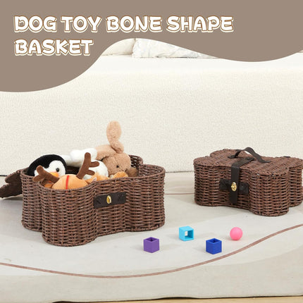2 Set Large Small Dog Toy Basket with Lid Bone Shaped Basket for Dog Natural Wicker Woven Handmade Pet Puppy Toy Organizer and Storage Box Bin for Cats Brown.