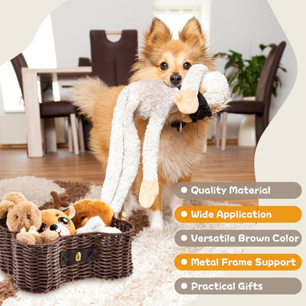 2 Set Large Small Dog Toy Basket with Lid Bone Shaped Basket for Dog Natural Wicker Woven Handmade Pet Puppy Toy Organizer and Storage Box Bin for Cats Brown.