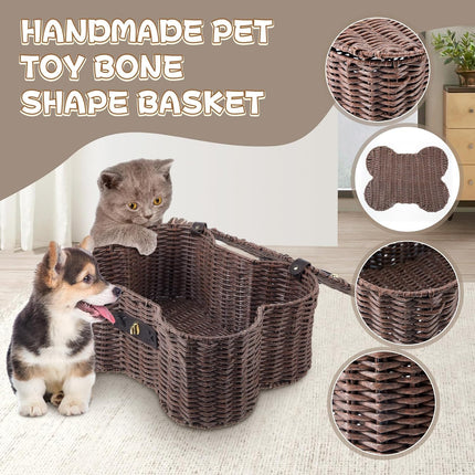 2 Set Large Small Dog Toy Basket with Lid Bone Shaped Basket for Dog Natural Wicker Woven Handmade Pet Puppy Toy Organizer and Storage Box Bin for Cats Brown.