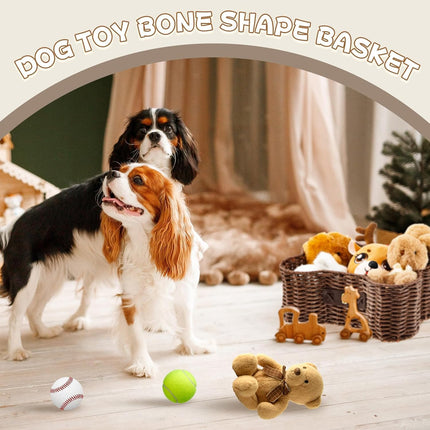 2 Set Large Small Dog Toy Basket with Lid Bone Shaped Basket for Dog Natural Wicker Woven Handmade Pet Puppy Toy Organizer and Storage Box Bin for Cats Brown.
