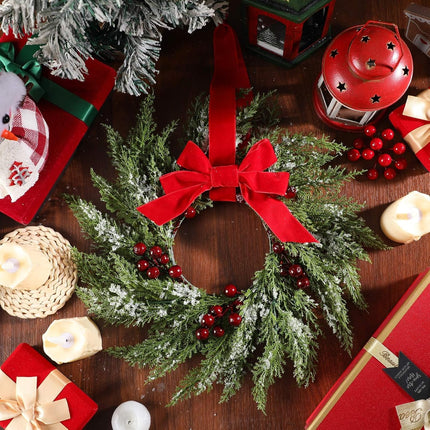 6 Pcs Small Christmas Norfolk Wreaths 15 Inch Christmas Kitchen Cabinet Mini Wreath with Bow Ribbon Cedar Berry for Xmas Front Door Window Chair Fireplace Table Pillar Farmhouse.