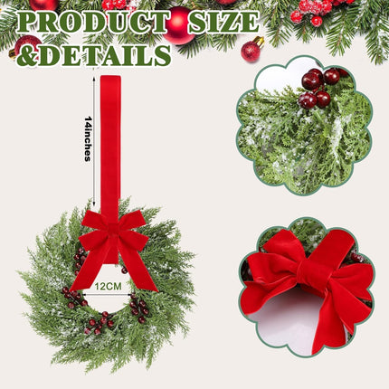 6 Pcs Small Christmas Norfolk Wreaths 15 Inch Christmas Kitchen Cabinet Mini Wreath with Bow Ribbon Cedar Berry for Xmas Front Door Window Chair Fireplace Table Pillar Farmhouse.