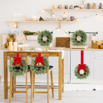 6 Pcs Small Christmas Norfolk Wreaths 15 Inch Christmas Kitchen Cabinet Mini Wreath with Bow Ribbon Cedar Berry for Xmas Front Door Window Chair Fireplace Table Pillar Farmhouse.