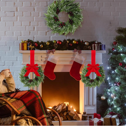 6 Pcs Small Christmas Norfolk Wreaths 15 Inch Christmas Kitchen Cabinet Mini Wreath with Bow Ribbon Cedar Berry for Xmas Front Door Window Chair Fireplace Table Pillar Farmhouse.
