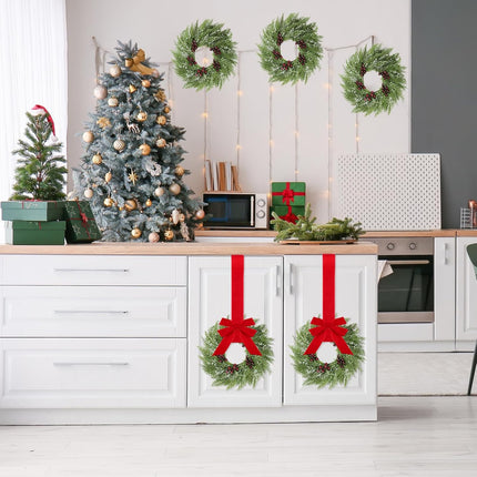 6 Pcs Small Christmas Norfolk Wreaths 15 Inch Christmas Kitchen Cabinet Mini Wreath with Bow Ribbon Cedar Berry for Xmas Front Door Window Chair Fireplace Table Pillar Farmhouse.