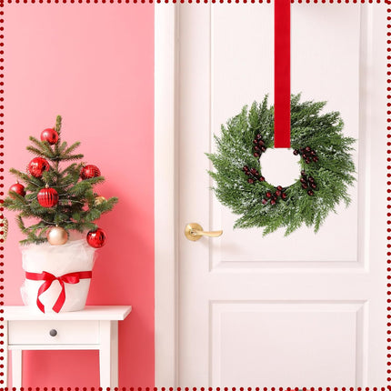 6 Pcs Small Christmas Norfolk Wreaths 15 Inch Christmas Kitchen Cabinet Mini Wreath with Bow Ribbon Cedar Berry for Xmas Front Door Window Chair Fireplace Table Pillar Farmhouse.