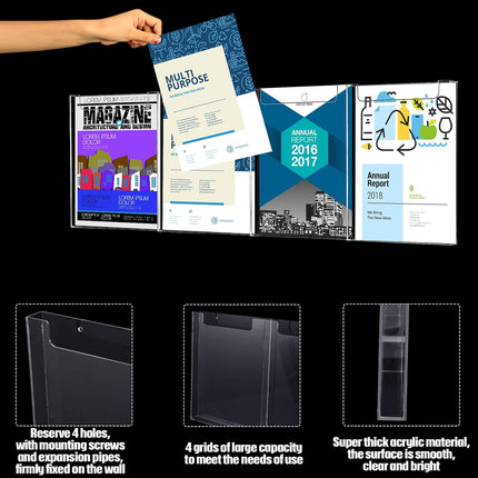 Acrylic Brochure Holder, 8.5 x 11 Inch Flyer Magazine Display Wall Mount Pamphlet Rack Clear Plastic Brochure Stand Literature Holder for Office Classroom Home (4 Pockets).