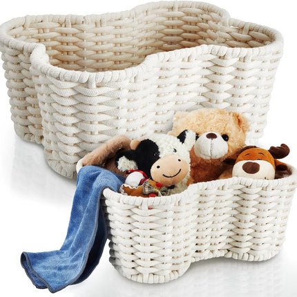 2 Pcs Dog Toy Basket Dog Toy Bin Bone Shaped Handmade Pet Organizer for Pet White Cotton Rope Basket (16.5 x 12.4 x 6.89 and 13.39 x 9.25 x 5.4).