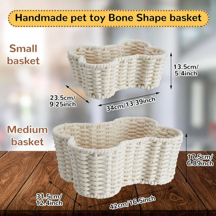 2 Pcs Dog Toy Basket Dog Toy Bin Bone Shaped Handmade Pet Organizer for Pet White Cotton Rope Basket (16.5 x 12.4 x 6.89 and 13.39 x 9.25 x 5.4).
