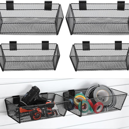 4 Pcs Black Slatwall Baskets Set 2 Sizes Large Metal Ventilated Hanging Wire Baskets Wall Mount Slatwall Accessories Mesh Bins for Shops Rooms Storage Display Organizing.