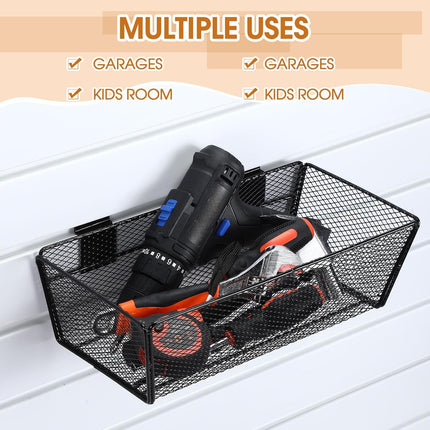 4 Pcs Black Slatwall Baskets Set 2 Sizes Large Metal Ventilated Hanging Wire Baskets Wall Mount Slatwall Accessories Mesh Bins for Shops Rooms Storage Display Organizing.
