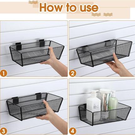 4 Pcs Black Slatwall Baskets Set 2 Sizes Large Metal Ventilated Hanging Wire Baskets Wall Mount Slatwall Accessories Mesh Bins for Shops Rooms Storage Display Organizing.