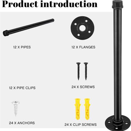 12 Set 12 Inch Industrial Pipe Clothing Rack with Screws Set Wall Mounted Industrial Pipe Clothes Bar Closet Poles for Hanging Clothes Black Clothes Hanging Rod for Retail Boutique Display.