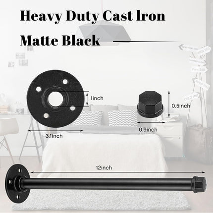12 Set 12 Inch Industrial Pipe Clothing Rack with Screws Set Wall Mounted Industrial Pipe Clothes Bar Closet Poles for Hanging Clothes Black Clothes Hanging Rod for Retail Boutique Display.