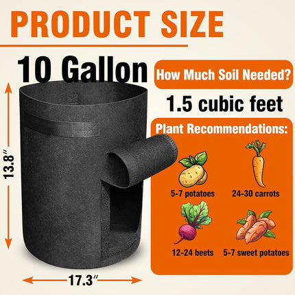 6 Pack BPA-Free 10 Gallon Vegetable Grow Bags with Access Flap and Handles, Suitable for Planting Potato, Taro, Beets, Carrots, Onions, Peanut.