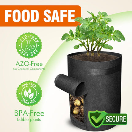 6 Pack BPA-Free 10 Gallon Vegetable Grow Bags with Access Flap and Handles, Suitable for Planting Potato, Taro, Beets, Carrots, Onions, Peanut.