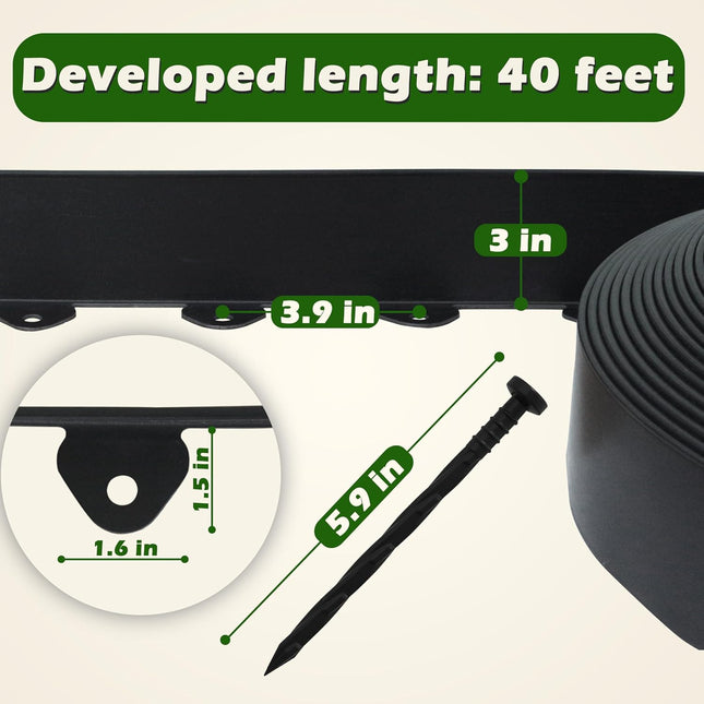 Landscape Edging Kit, 40-Foot Long, 3-Inch Tall, No Dig Garden Edging Border for Flower Beds, Tree Rings, Pathways, Includes 40 Spikes.