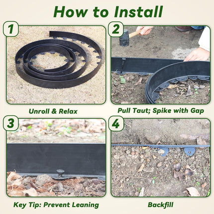Landscape Edging Kit, 40-Foot Long, 3-Inch Tall, No Dig Garden Edging Border for Flower Beds, Tree Rings, Pathways, Includes 40 Spikes.