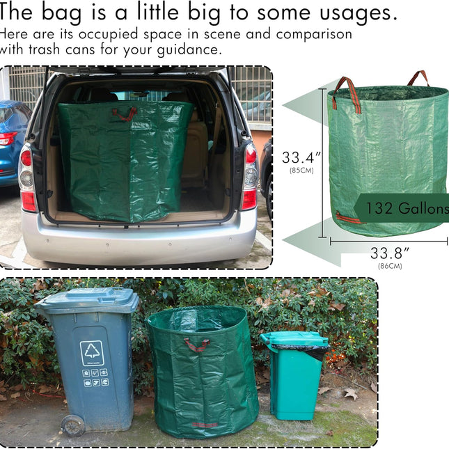 2-Pack 132 Gallon Yard Waste Bags, Reusable Heavy Duty Collapsible Garden Leaf Bags with Plastic Ring, Stand-Up Yard Waste Bin for Leaves, Lawn Debris & Grass Clippings.