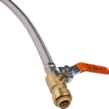 12-inch Push-fit Valve Flexible Water Heater Connector, 1/2 inch x 3/4 inch FIP, Push-to-Connect, Copper, Pex, CPVC, Braided Stainless Steel,(HOSE028).