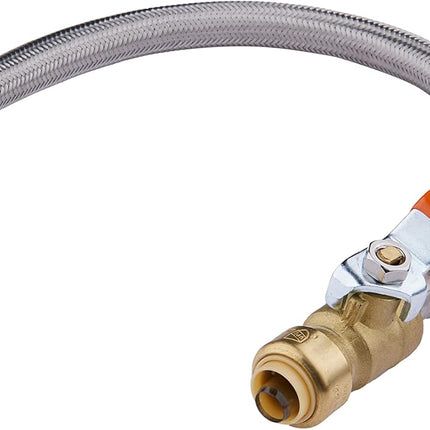 12-inch Push-fit Valve Flexible Water Heater Connector, 1/2 inch x 3/4 inch FIP, Push-to-Connect, Copper, Pex, CPVC, Braided Stainless Steel,(HOSE028).