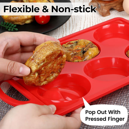 Silicone Egg Molds, 3 Inch Muffin Top Pans Non Stick with Metal Framed, Baking Pan for Breakfast Sandwiches, English Muffins, Whoopie Pies, Corn Bread, Egg Bites, Hamburger Bun, Tarts 2 Pack Red.
