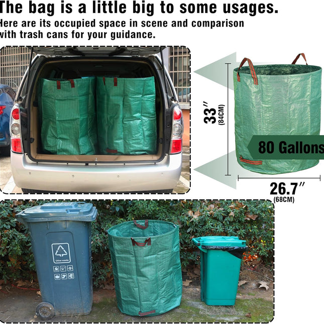 3-Pack 80 Gallon Yard Waste Bags, Reusable Heavy Duty Collapsible Garden Leaf Bags with Plastic Ring, Stand-Up Yard Waste Bin for Leaves, Lawn Debris & Grass Clippings.