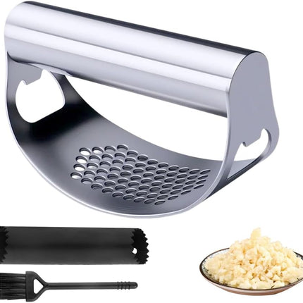 2025 New Stainless Steel Garlic Presser, Portable Manual Stainless Steel Garlic Press for Home Kitchen Utensils, Upgrade Rocker Crusher Masher with Garlic Peeling (1).