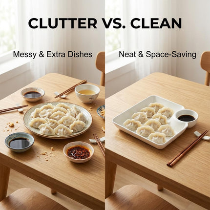 Sauce Separated Plate, 2026 New Plastic Dumpling Plates with Sauce Compartment, Upgrade Dumpling Plate with Dipping Saucer Chip and Dip Serving Dish Small Dip Tray for Appetizer (White).