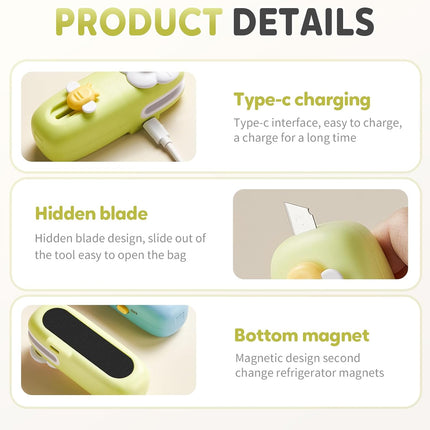 Upgraded Mini Bag Sealer, 2025 New 2 in 1 Bag Sealer Heat Seal with Cutter and Magnet, USB Rechargeable Chip Bag Sealer Heat Seal for Plastic Bags Snacks and Food Storage (Green).