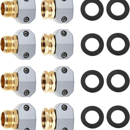(4 Sets) Garden Hose Repair Connector Fitting, Aluminum Female and Male With Zinc Clamp Water Hose End Repair Connector Fit 3/4 Inch or 5/8 Inch Garden Hose.