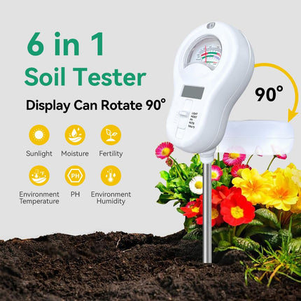 6in1 Multi-Function Soil Moisture Meters Tester Temperature/PH/Humidity/Moisture/Sunlight/Fertility Meter Soil Testing Analyzer Kit for Plants Farms Gardens Lawns Indoor Outdoor Plant Care.