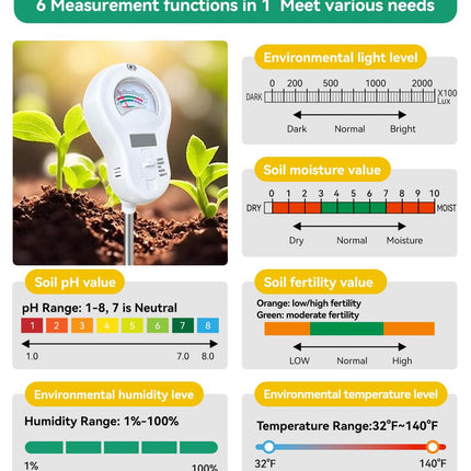 6in1 Multi-Function Soil Moisture Meters Tester Temperature/PH/Humidity/Moisture/Sunlight/Fertility Meter Soil Testing Analyzer Kit for Plants Farms Gardens Lawns Indoor Outdoor Plant Care.