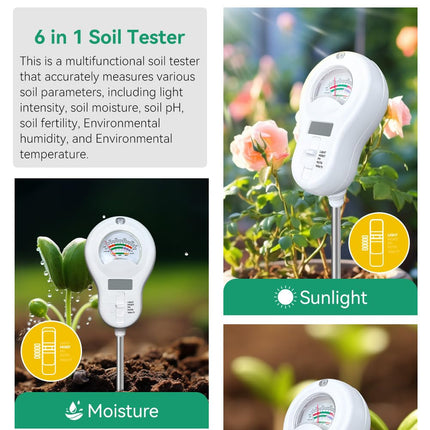 6in1 Multi-Function Soil Moisture Meters Tester Temperature/PH/Humidity/Moisture/Sunlight/Fertility Meter Soil Testing Analyzer Kit for Plants Farms Gardens Lawns Indoor Outdoor Plant Care.