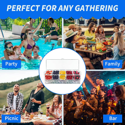 Large Ice Chilled Condiment Caddy，Chilled Condiment Containers Server with Lids for 5 Removable Compartments (2.5 cup)，Serving Platters, Fruit & Garnish Tray for Party Supplies & Bar Accessories.