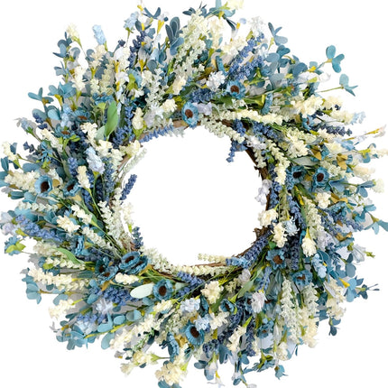 26 Inch Summer Spring Blue Ivory Lavender Flower Wreath for Front Door, Rustic and Farmhouse Wild Flowers Wreath for Inside and Outside, Coastal Blue Home Decorating.