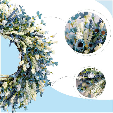 26 Inch Summer Spring Blue Ivory Lavender Flower Wreath for Front Door, Rustic and Farmhouse Wild Flowers Wreath for Inside and Outside, Coastal Blue Home Decorating.