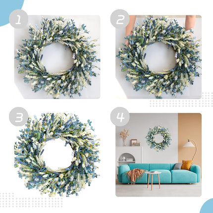 26 Inch Summer Spring Blue Ivory Lavender Flower Wreath for Front Door, Rustic and Farmhouse Wild Flowers Wreath for Inside and Outside, Coastal Blue Home Decorating.