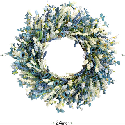 26 Inch Summer Spring Blue Ivory Lavender Flower Wreath for Front Door, Rustic and Farmhouse Wild Flowers Wreath for Inside and Outside, Coastal Blue Home Decorating.