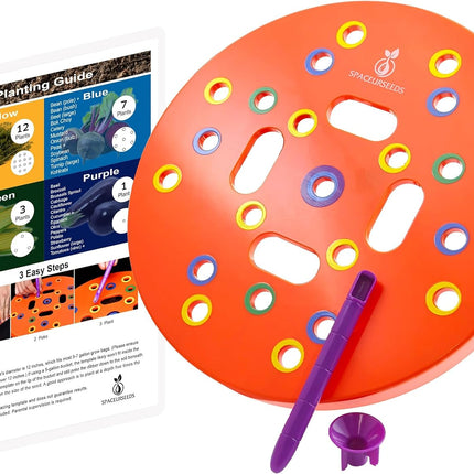 Round Seed Planting Template by  – Patented Color-Coded Garden Spacing Tool Kit with Seed & Seedling Spacer, Dibber with Seed Spoon & Laminated Vegetable Growing Guide.